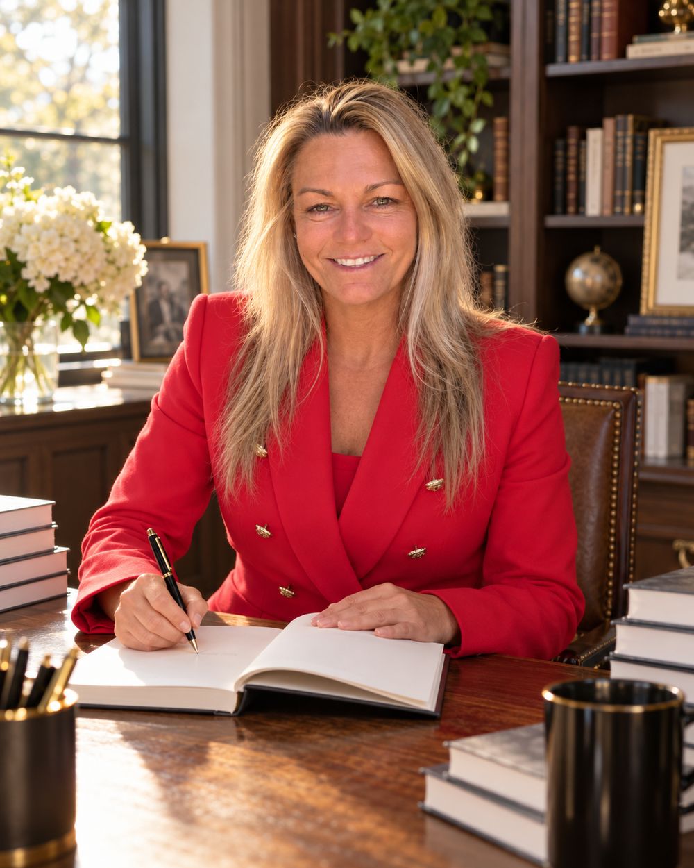 Rachael J Katz in a red blazer signing books at a desk