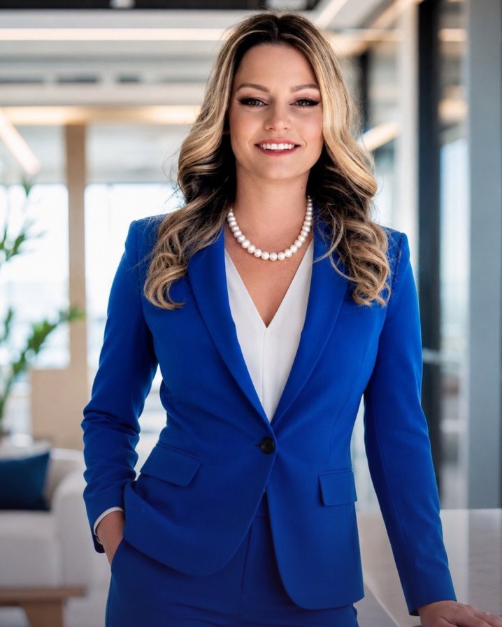 Rachael J Katz in a cobalt blue blazer and pearls, smiling
