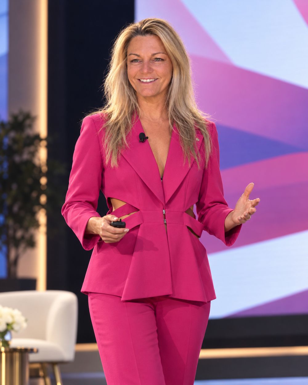 Rachael J Katz speaking on stage in a pink suit